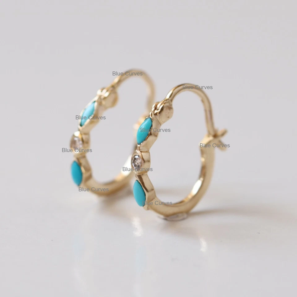 Aretes tipo argolla de diamantes turquesa de oro rosa de 18 quilates joyería fina de regalo de cumpleaños Foto 3 de 4