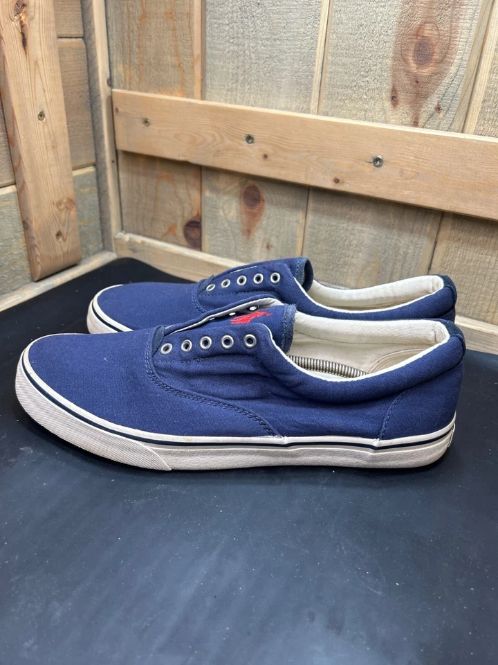 Hombres Polo Ralph Lauren Azul Marino Sin Cordones Zapatos de Barco Lona Rojo Logo Talla 12 D Foto 4 de 4