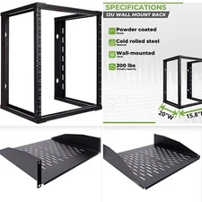 NavePoint 12U for 19" IT Server Open Frame Wall Mount Rack & 2 Vented 2U Shelves