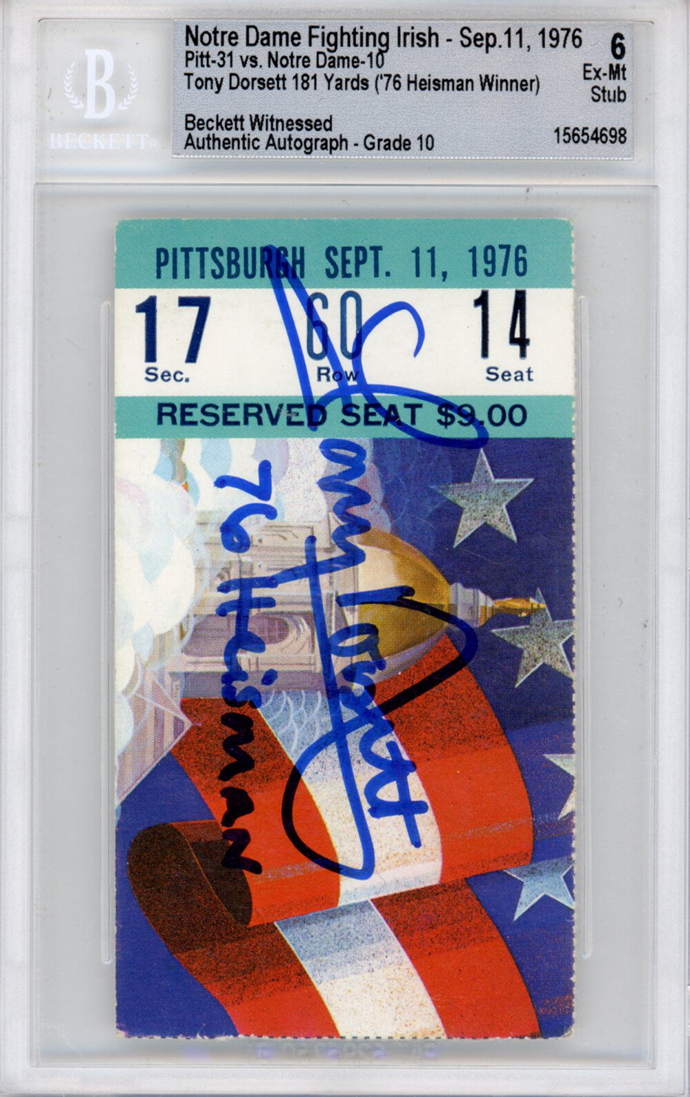 Tony Dorsett Autographed Signed Ticket 9/11/76 Pitt Panthers Beckett Slabbed 39903 