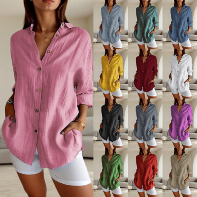 Plus Size Women Solid Loose Tops Button Down Long Sleeve Shirt Casual Blouse Tee