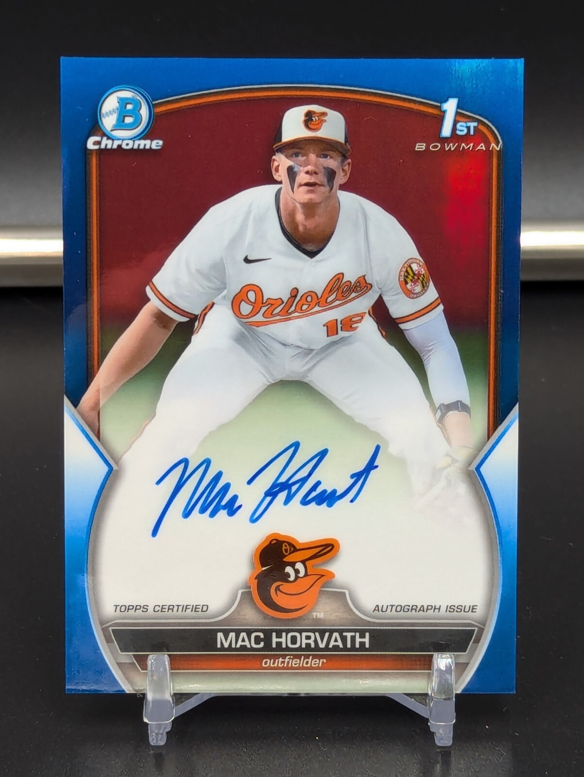 2023 Bowman Draft Mac Horvath 1st Chrome Blue Refractor Auto/150 Orioles-Rays