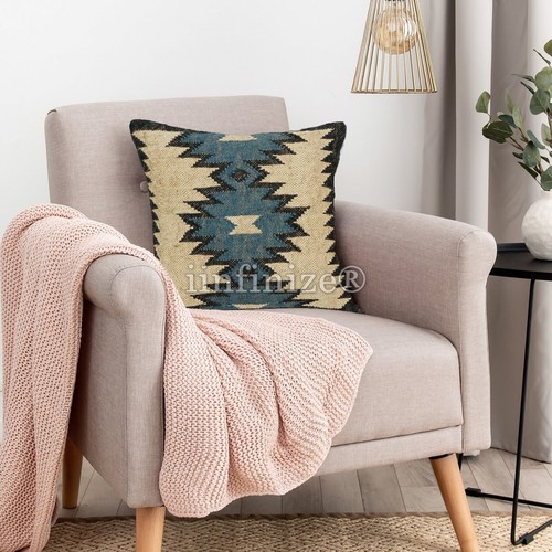Set of 2 Handwoven Wool & Jute Kilim Cushion Cover 18x18" Bohemain Home Decor - Picture 34 of 51