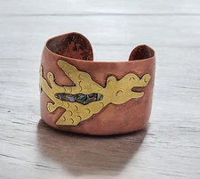 Vtg Hammered Copper Abalone Brass Cuff Bracelet Dragon Viking Folk Art Jewelry