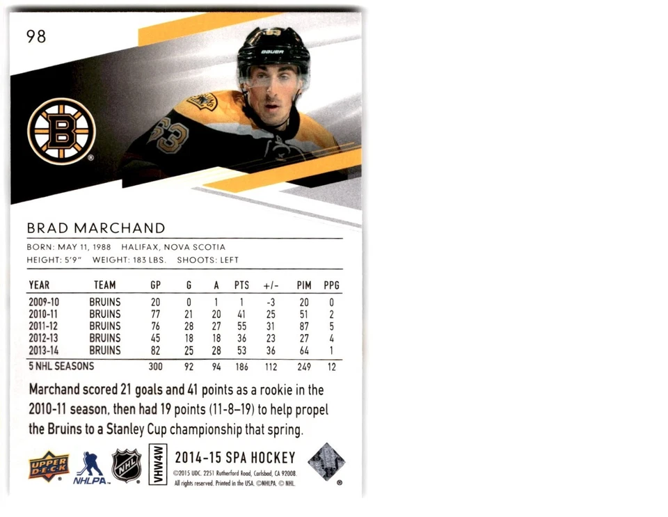 2014-15 SP Authentic Brad Marchand #98 Boston Bruins - Image 2 of 2