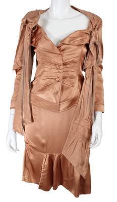 JOHN GALLIANO Spring 2006 Runway Copper Satin Tulle Trim Skirt Suit 38 40