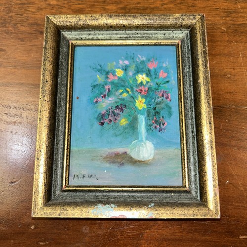 Vintage gerahmte Kunst Blumen klein 6 x 5 Galerie Wand Akzent türkis rosa gelb