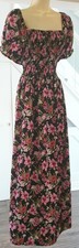 Black Pink Floral Print Shirred Bodice Milkmaid Peasant Maxi Dress Size 16