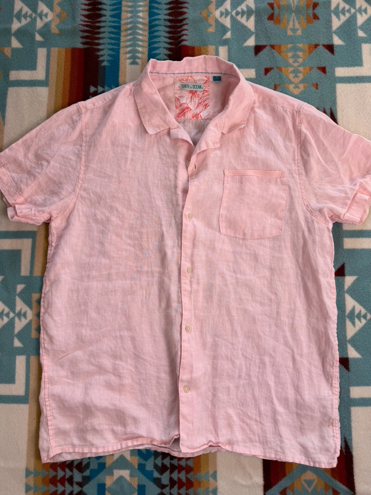Tenth+Ocean Washable 100% Linen Light Pink Shirt Mens Lg Short Sleeve Button Up