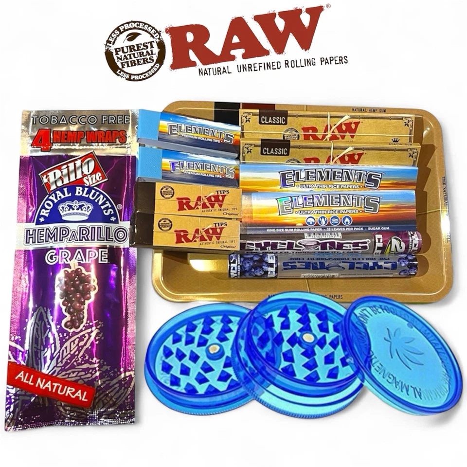 RAW SPORTS RAW Metal Tray Smoking Gift Set | Grinder, Papers, Cones, Rillo Flavour Pack