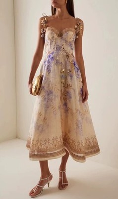 Zimmermann silk linen printed fishbone strapless camisole skirt in stock