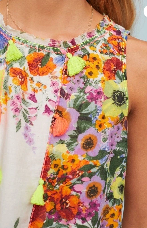 Blusa sin mangas Raga Anthropologie floral colorida de algodón con borlas M (Est) Foto 4 de 4