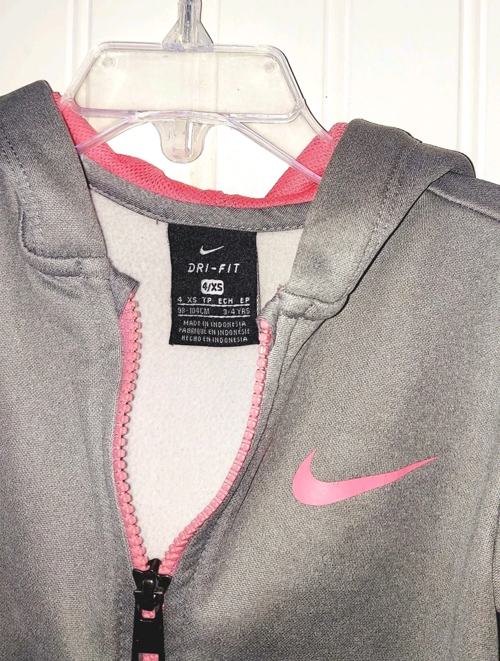 NIKE Activewear Full Zip Hooded Jacket Youth Girls Sz 4 Pink/Grey - Image 2 of 4