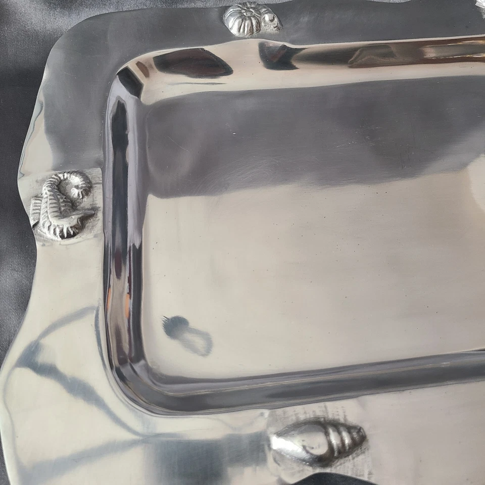 Ihi Serving Tray Plate Pewter Metal 17.5x12.5" Silver Tone Hand India Shiny READ - Image 2 of 4