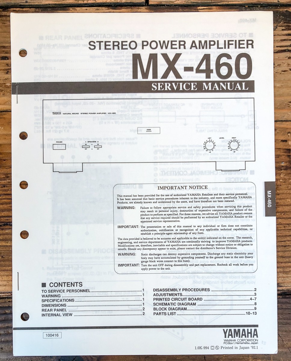 Yamaha MX-460 Amplifier Service Manual *Original*