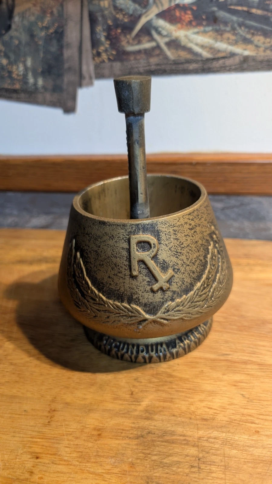 Vintage Brass Pedanios Dioscorides Mortar And Pestle Pharmacy RX Apothecary