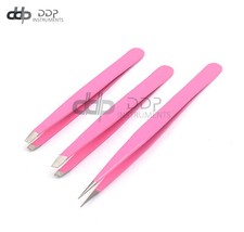 Eyebrow Tweezers Set 3 Pcs Eyebrow With Slant Straight  Pointed Tips Pink 