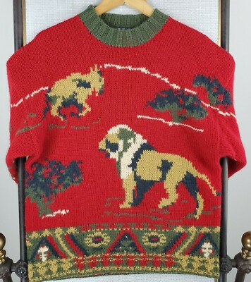 WILLIS & GEIGER Size Small Serengeti Sweater Wool Crew Neck Lion Monkey Mens Red