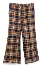 1960s Plaid Bell Bottom Pants, Wide Leg Cuffed, Waist 36, Blue Gold Red Plaid