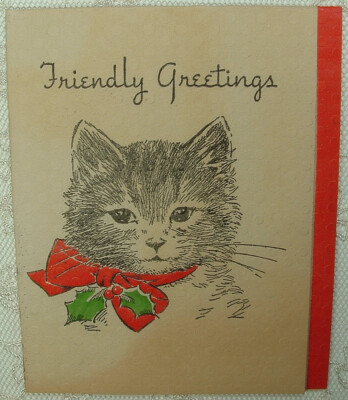 Cute Christmas Kitty, Cat - 1930's NORCROSS Christmas Greeting Card