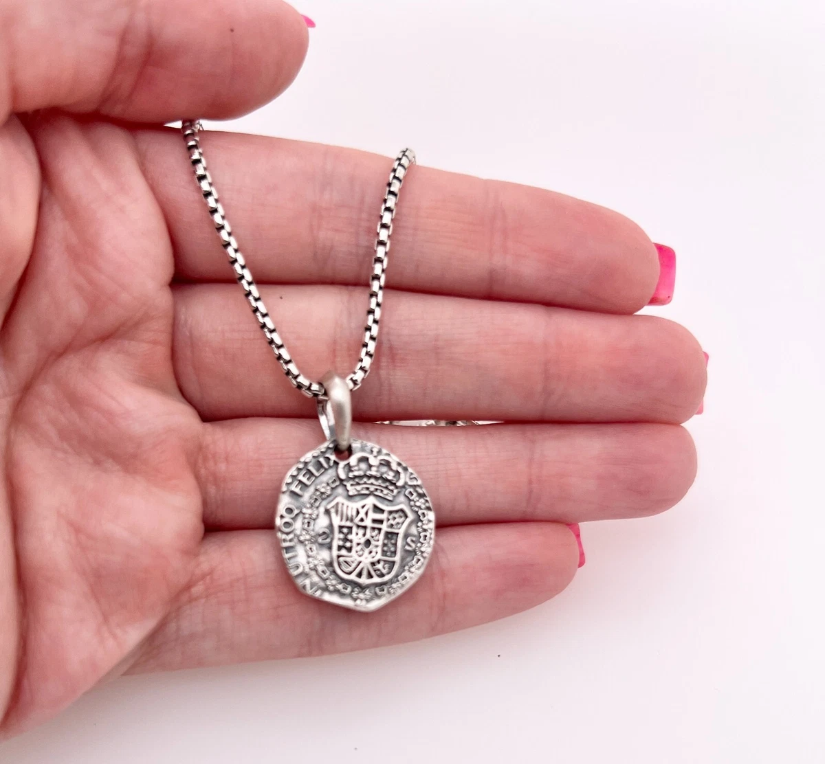 David Yurman Sterling Silver Shipwreck Coin Amulet with Box Chain