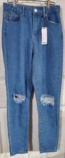 Boohoo Blue High Waist Mom Jeans Womens US Size 4 Distressed Total length 39"
