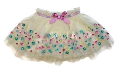 Girls Mesh Floral Applique Skirt - Ivory - Size 12M-5