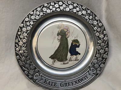 KATE GREENWAY COLLECTOR PLATE IN WILTON ARMETALE FRAME WOMAN W CHILDREN IN RAIN