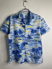 Vintage Tropical Hawaiian Shirt Blue Palm Sunset Print Size L