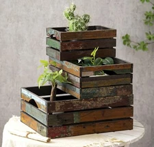 Set Of 3 Rustic Distressed Wood Nesting Crates Farmhouse Decorative Wooden Stora