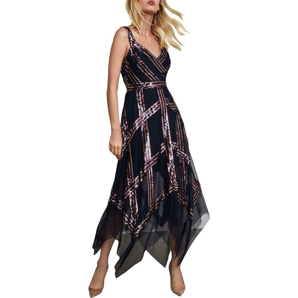BCBGMAXAZRIA Womens Navy Sequined V-neck Ankle Maxi Dress 4