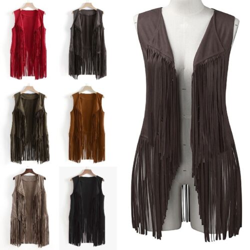 Womens Tassels Fringe Gilet Waistcoat Sleeveless Jacket Cardigan Coat Gypsy - Picture 2 of 18