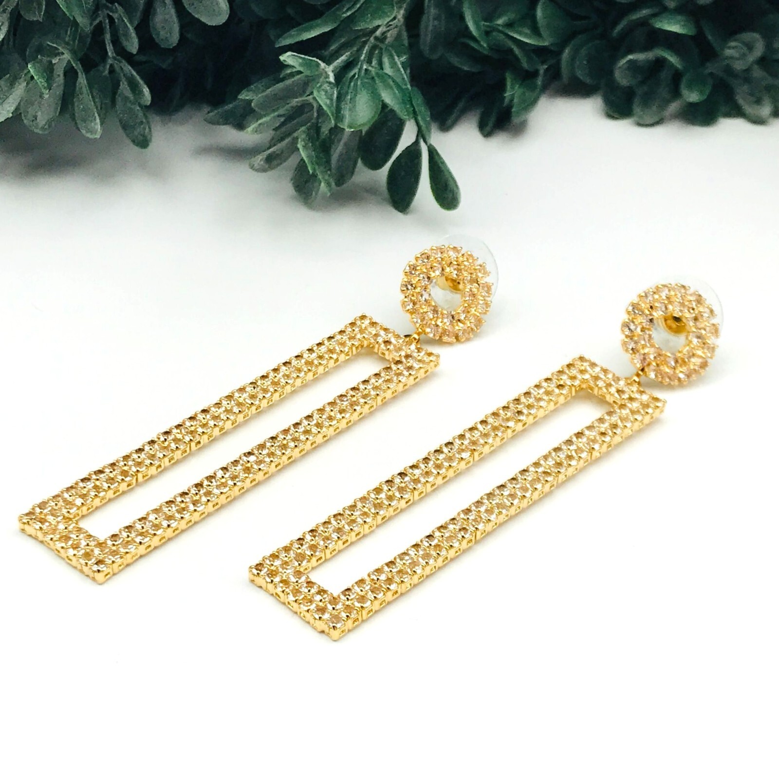 Dangle earrings, gold tone rectangle shape, clear… - image 1