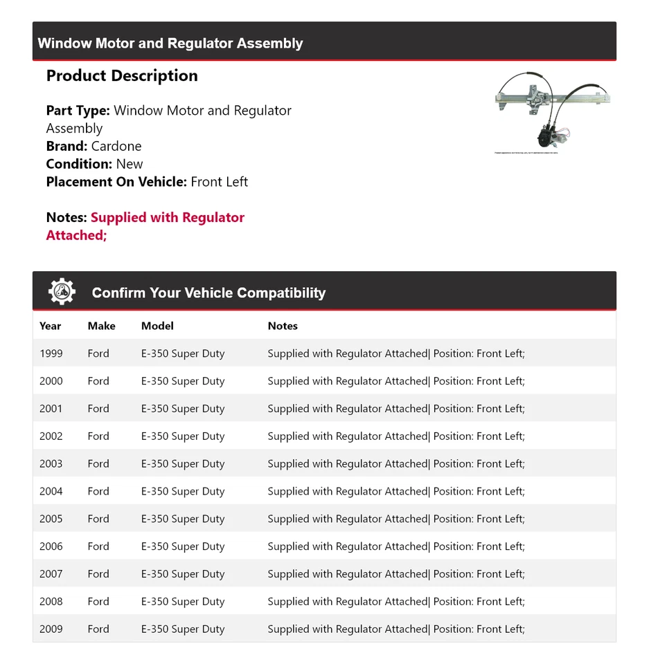 Двигатель/регулятор стеклоподъемника Cardone 2000 2001 для Ford E-350 Super Duty 1999-2009 годов выпуска - Изображение 2 из 4