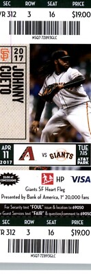 Arizona Diamondbacks vs San Francisco Giants 4/11/2017  Ticket - Johnny Cueto .