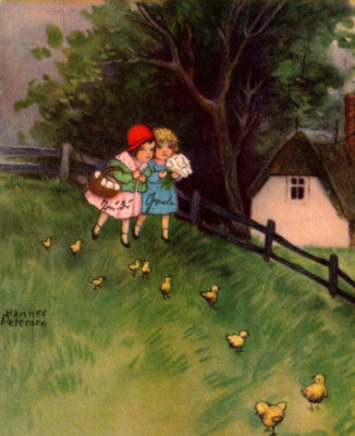 c1916 Girls Walk w/ Chicks HAPPY EASTER Hannes Petersen ANTIQUE Postcard