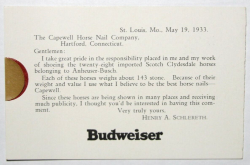 1933 cartolina piegata inutilizzata, Budweiser. Anheuser Busch St. Louis MO Clydesdales - Foto 2 di 3