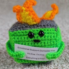 Emotional Support Dumpster Fire Lime Crochet Plushie Funny Desk Decor Gift