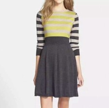 Eliza J Fit and Flare Striped Color Block Sweater Dress Grey Neon Yellow Sz S