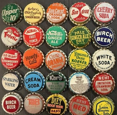 Vintage Lot of 25 Cork Lined Bottle Caps 1950-1979 NOS - Upper 10, Sun Drop- C-2