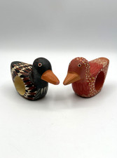 VTG Haitian Folk Art Wood Carving Duck Napkin Ring Set/2 Signed R. Destine Haiti
