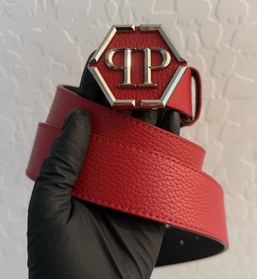 Philipp Plein Red Hexagon Calf Leather Belt Men s Size 95, Must Buy!