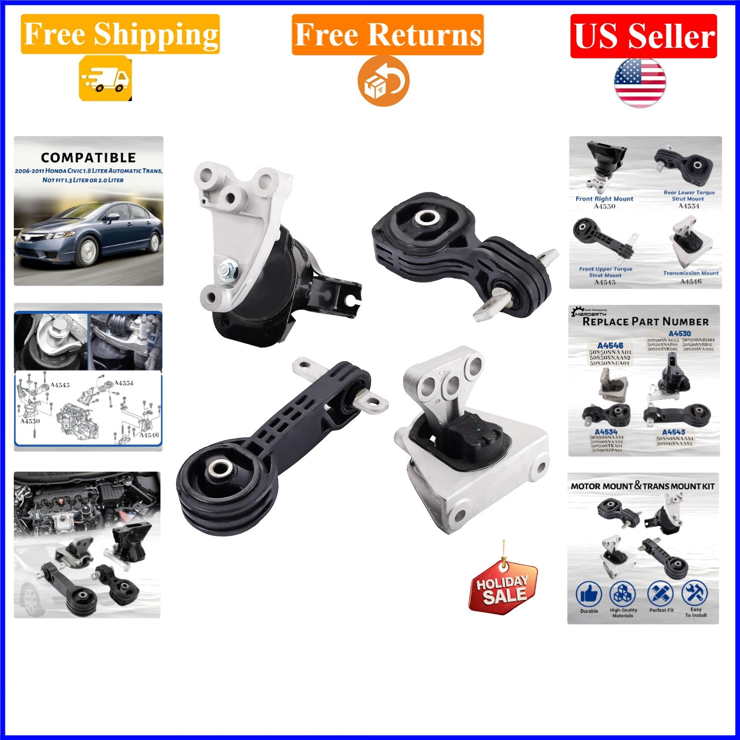 Set of 4 Engine & Trans Mounts for 2006-2010 Honda Civic 1.8L Auto