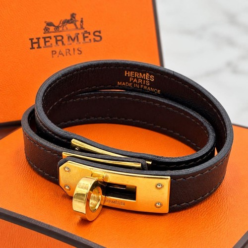 HERMES Kelly Bracelet Double Tour Dark Brown Gold Leather Used w/Box