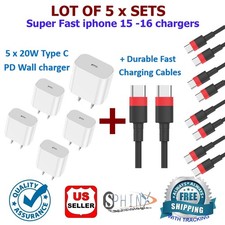 Lot 5 x Type C PD 20W Power Adapter Wall FAST Charger Cables For iPhone 15, 16