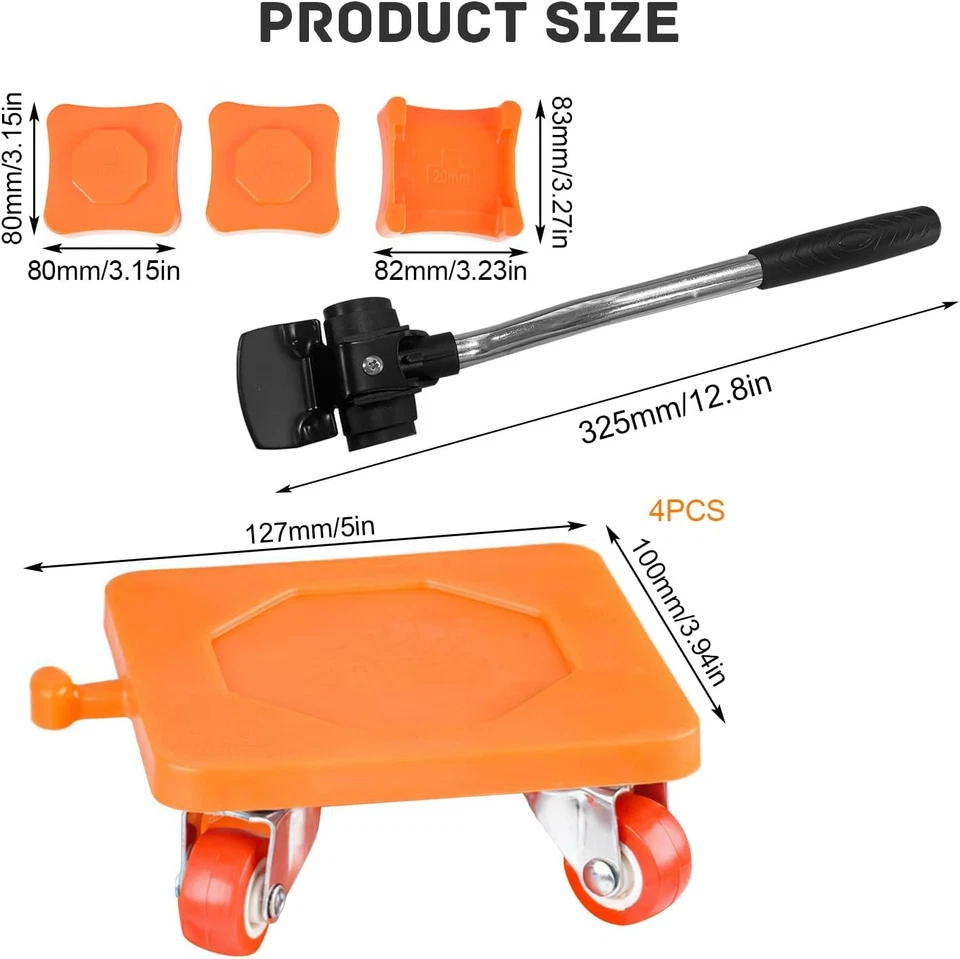 Set 9 Pezzi Sposta Mobili Pesanti 500Kg con Rulli Leva Piedini Estensione - Immagine 2 di 4