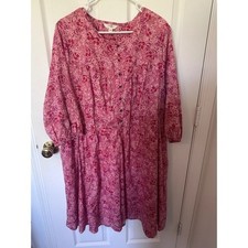 Terra Sky Pink Floral Cotton Button Front Midi Dress Plus 3X 24W-26W Pockets