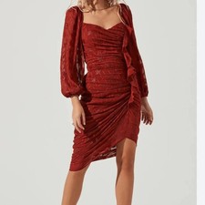 ASTR THE LABEL XS NWT Athens Ruched Puff Sleeve Burnout Midi assymetric dress