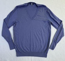 Uniqlo Sweater Boys XL Blue V Neck 100% Wool Lightweight Knit Pullover Classic