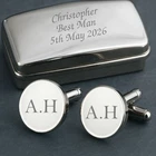 Personalised Engraved Custom Silver Circle Round Cufflinks & Gift Box Set Men